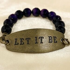 VINTAGE LENNY & EVA BRASS PLATED BRACELET THAT READS LET IT BE WITH PURPLE BEADS